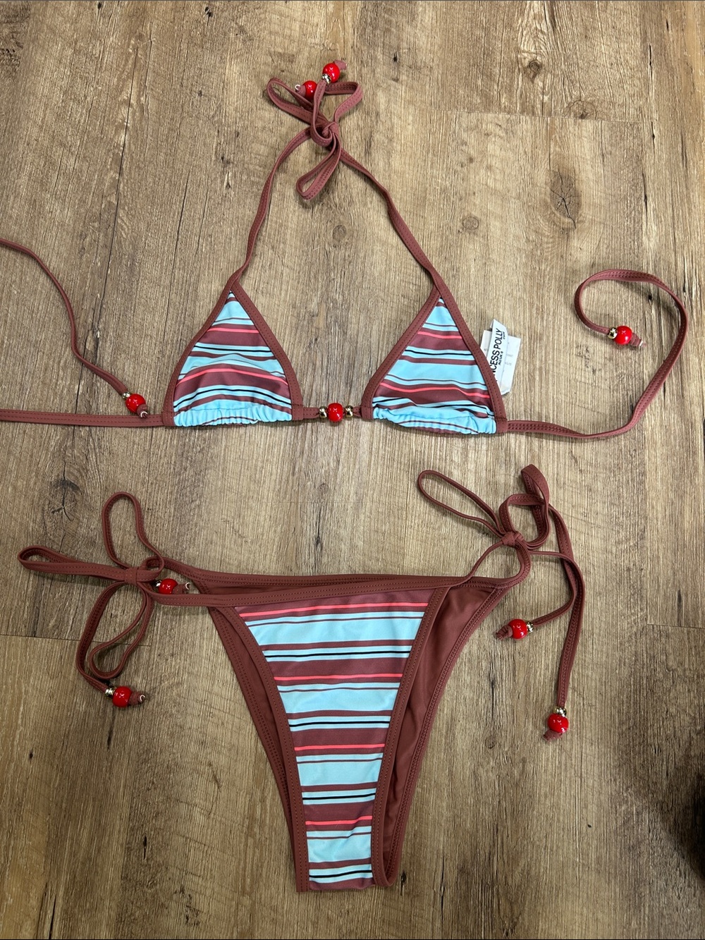 Striped Tie-Side Triangle Bikini Set in Aqua and Rust